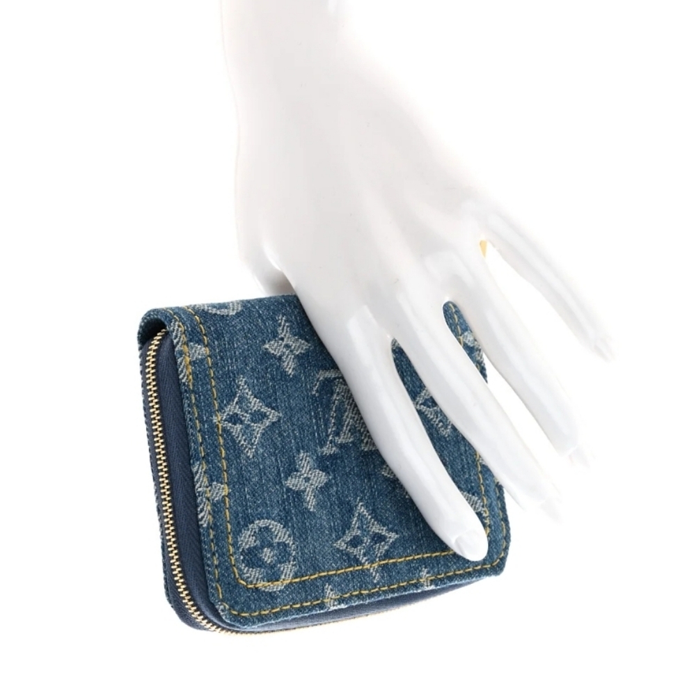 Cotton Denim Monogram Zip-Around Wallet in Blue